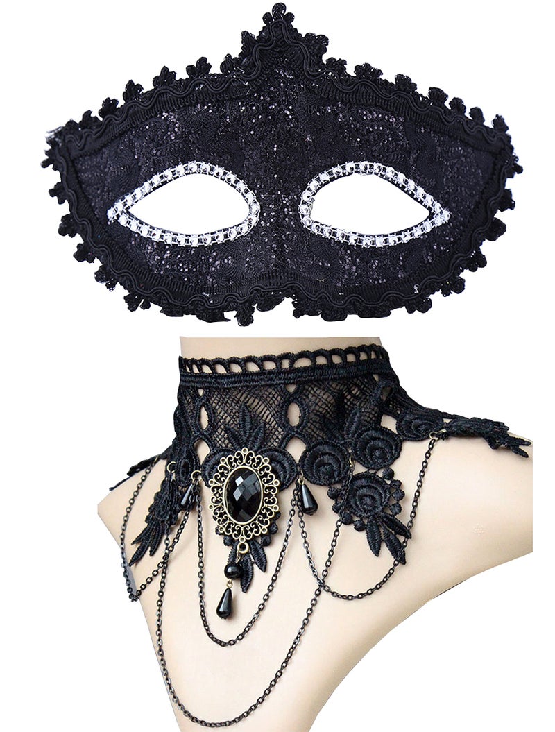 Geek-M Black Venetian Mask Masquerade Mask with Elegant Vintage Princess Lace Gothic Necklace Pack of 2 - Image 1